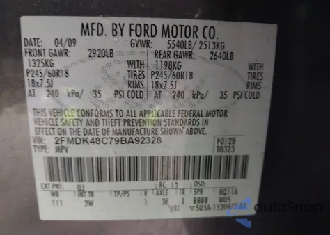 2009 Ford Edge Sel из США, поврежденный, VIN 2FMDK48C79BA92328